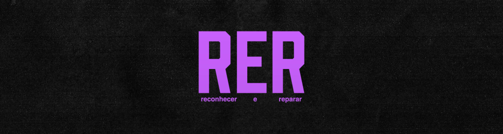 Fundo preto, com a sigla do podcast Reconhecer e Reparar (RER) em lilás.