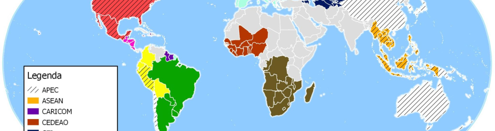 Uma ilustração mostrando o mapa mundi e os blocos econômicos mundiais