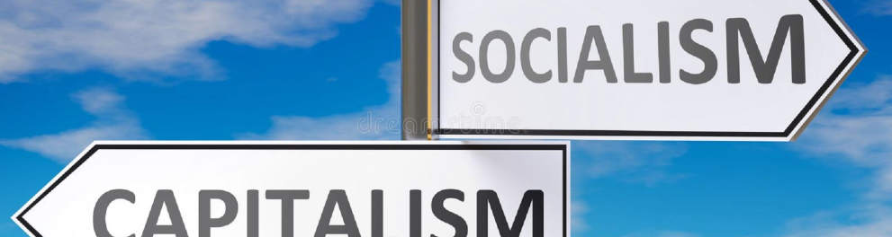 Um mastro com duas placas apontando em sentidos opostos e com as palavras "capitalism" e "socialism"