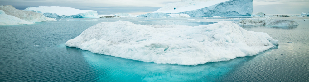 Imagem aérea de uma paisagem polar, com grandes geleiras no mar