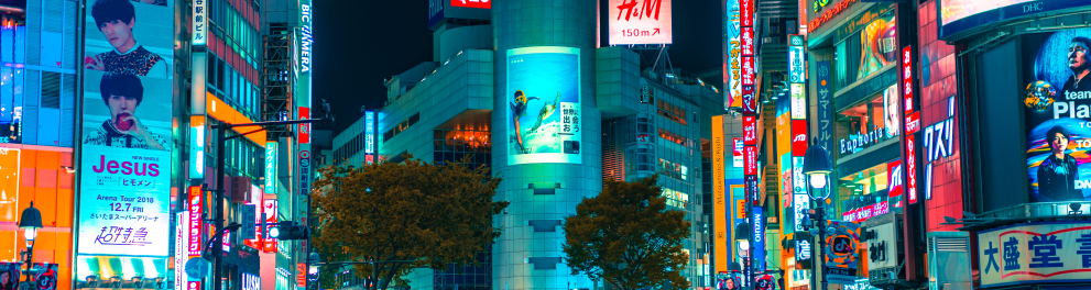 Uma imagem de uma região de Tóquio durante à noite, mostrando carros nas ruas, prédios altos com publicidades escritas em japonês, pessoas na rua, etc