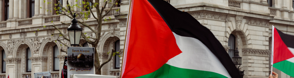 Bandeiras da Palestina estão sendo levantadas por protestantes na rua. Estão todos de costas para quem bateu a foto