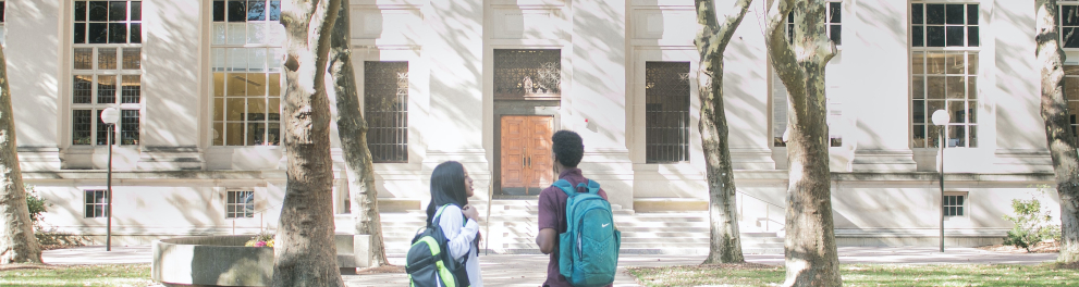 Dois jovens estudantes estão de mochilas e conversando em frente à entrada do colégio ou universidade
