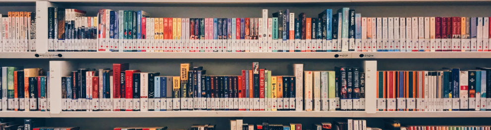 Uma estante imensa de uma biblioteca, com dezenas, talvez centenas de livros