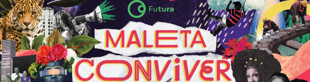 Fundo colorido, com diversos elementos que o compõem. Em destaque, ao centro, o nome "Maleta Conviver".