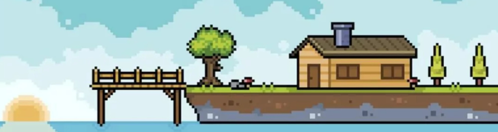 Imagem pixelada da tela de um jogo de videogame infantil, onde aparece um mar, uma árvore, uma casinha e o sol ao fundo