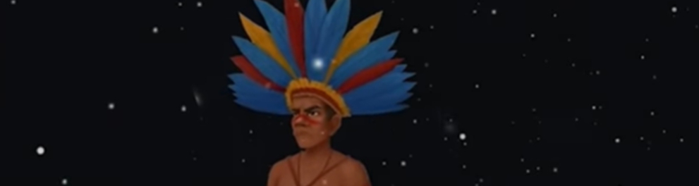 Imagem de print de um game eletrônico indígena. Apresenta um índio com pinturas pelo corpo, cocar colorido sobre a cabeça e um fundo preto