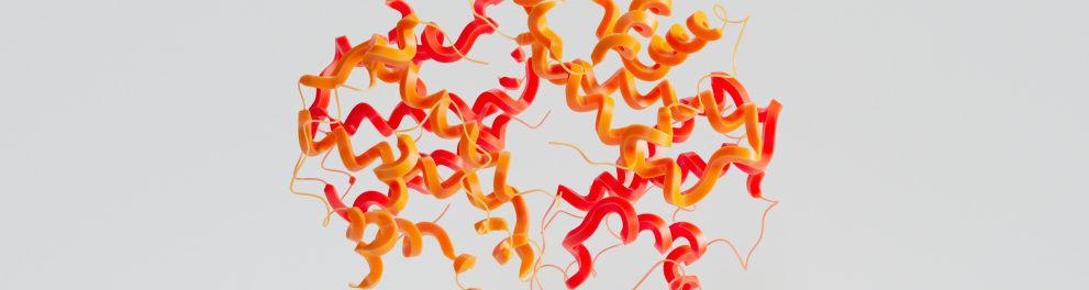 Uma espécie de gráfico molecular contendo várias linhas encaracoladas nas cores amarela e laranja