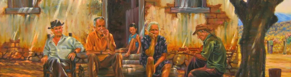 Quadro do artista Léo Costa que mostra uma família caipira sentada à frente de casa trajando roupas simples. Um homem está tocando violão, outro fumando cigarro de palha, etc