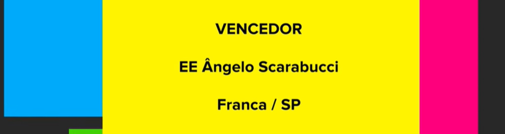 Ilustração artística e colorida dos dizeres "Vencedor - EE Angelo Scarabuci - Franca/SP"