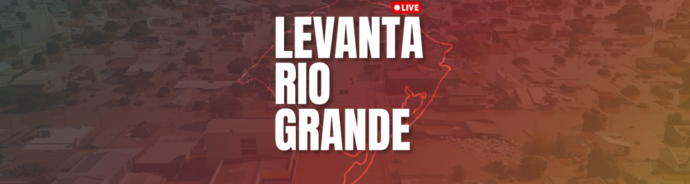 Fundo em degradê de marrom e vermelho, com o texto "Levanta Rio Grande" ao centro.