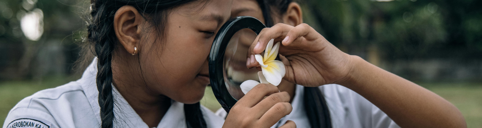 duas meninas olhando uma flor com uma lupa