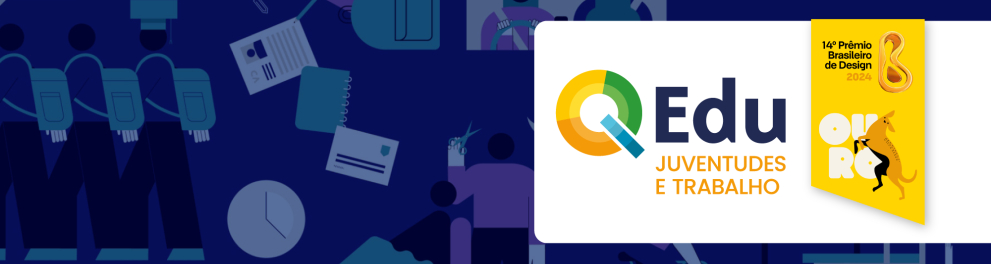 Fundo azul marinho e um quadro branco com o nome da plataforma: "QEdu Juventudes e Trabalho".