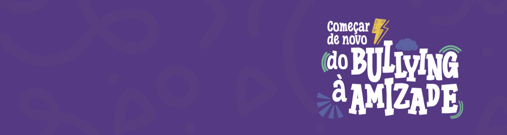 Imagem com fundo roxo e, no canto direito, o texto “Começar de novo: do bullying à amizade” em letras brancas e maiúsculas, com alguns elementos gráficos coloridos, como um raio amarelo, uma nuvem cinza, linhas verdes e azuis em formato de som e pequenos traços decorativos.
