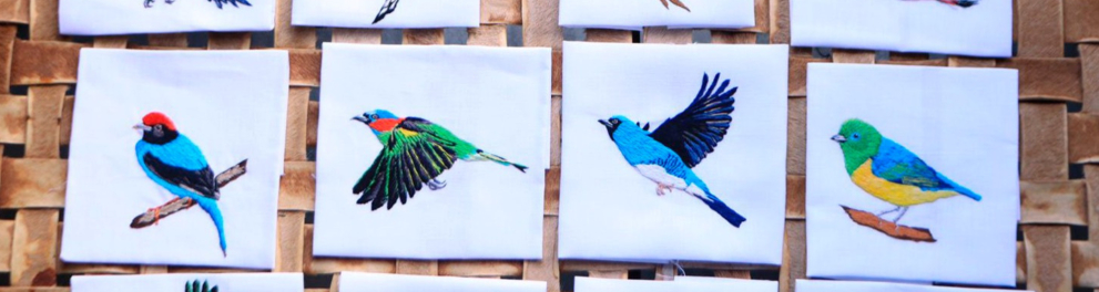 A fotografia mostra doze quadrados de tecido branco, cada um com o bordado colorido de um pássaro diferente. Os bordados representam aves em variadas posições — algumas empoleiradas em galhos e outras em voo — com plumagens em cores vivas como azul, verde, vermelho, amarelo, laranja, rosa e preto. Os tecidos estão dispostos sobre uma superfície trançada de palha em tom bege, formando uma composição organizada em três fileiras.