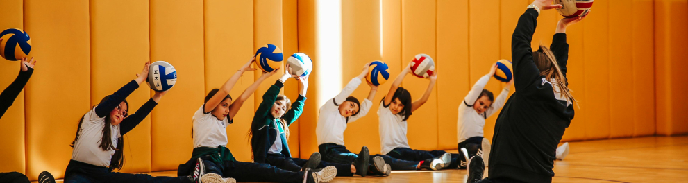 A imagem mostra uma aula de educação física