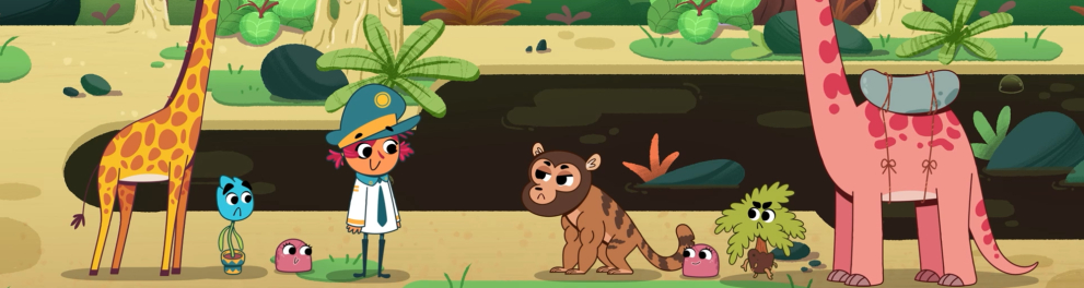 À esquerda, uma girafa amarela de pescoço longo se inclina curiosa, acompanhada por pequenos personagens coloridos no chão. À direita, um dinossauro rosa de expressão séria carrega uma pequena mochila, enquanto um macaco e outros seres diminutos parecem interagir entre si. A cena transmite um clima lúdico e educativo, sugerindo convivência, descoberta e diálogo entre diferentes espécies em um ambiente natural.