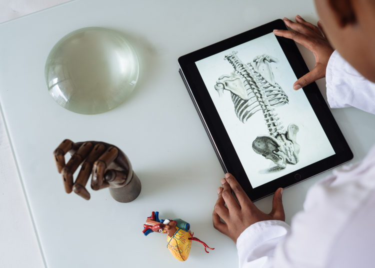 menino manuseando um tablet que mostra parte do esqueleto humano sobre uma mesa branca onde também estão um protótipo de uma mão, de um coração e um objeto de vidro