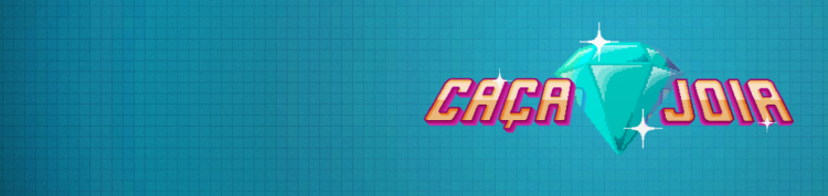 Fundo azul com logotipo do podcast Caça Joia em tons de rosa.