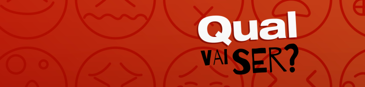 Fundo em vermelho-escuro, com nome do podcast Qual vai ser escrito em branco e preto, ao centro.