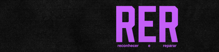 Fundo preto, com a sigla do podcast Reconhecer e Reparar (RER) em lilás.