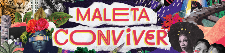 Fundo colorido, com diversos elementos que o compõem. Em destaque, ao centro, o nome "Maleta Conviver".