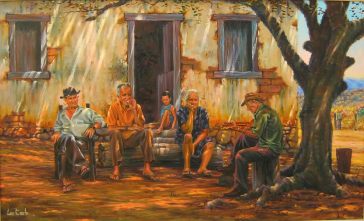 Quadro do artista Léo Costa que mostra uma família caipira sentada à frente de casa trajando roupas simples. Um homem está tocando violão, outro fumando cigarro de palha, etc