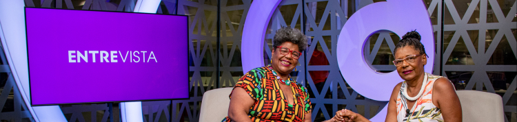 Janete Santos Ribeiro na gravação do episódio Educação de Jovens e Adultos do programa Entrevista: Educação Antirracista